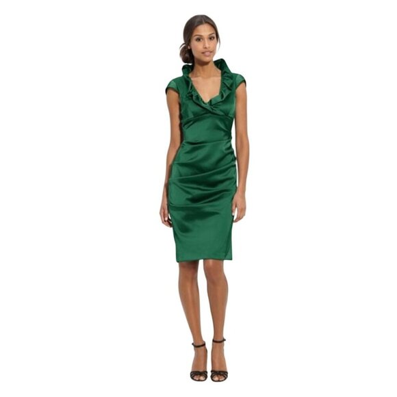 Xscape Holiday Dress Sz 4 Satin Kelly Green Sheath Ruffle Ruched Cocktail - Picture 1 of 9